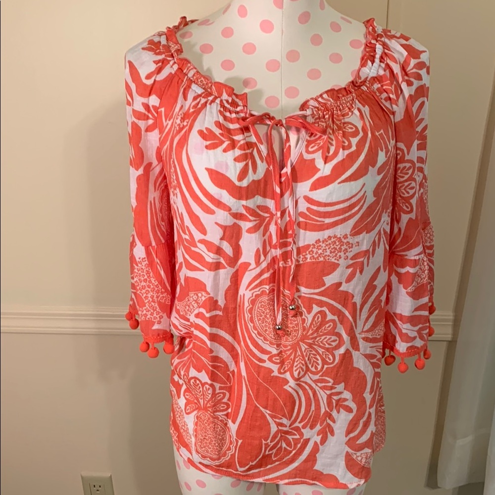 Unique spectrum Floral Orange/White Women's Top NEW Size Small Pom-Pom Sleeves